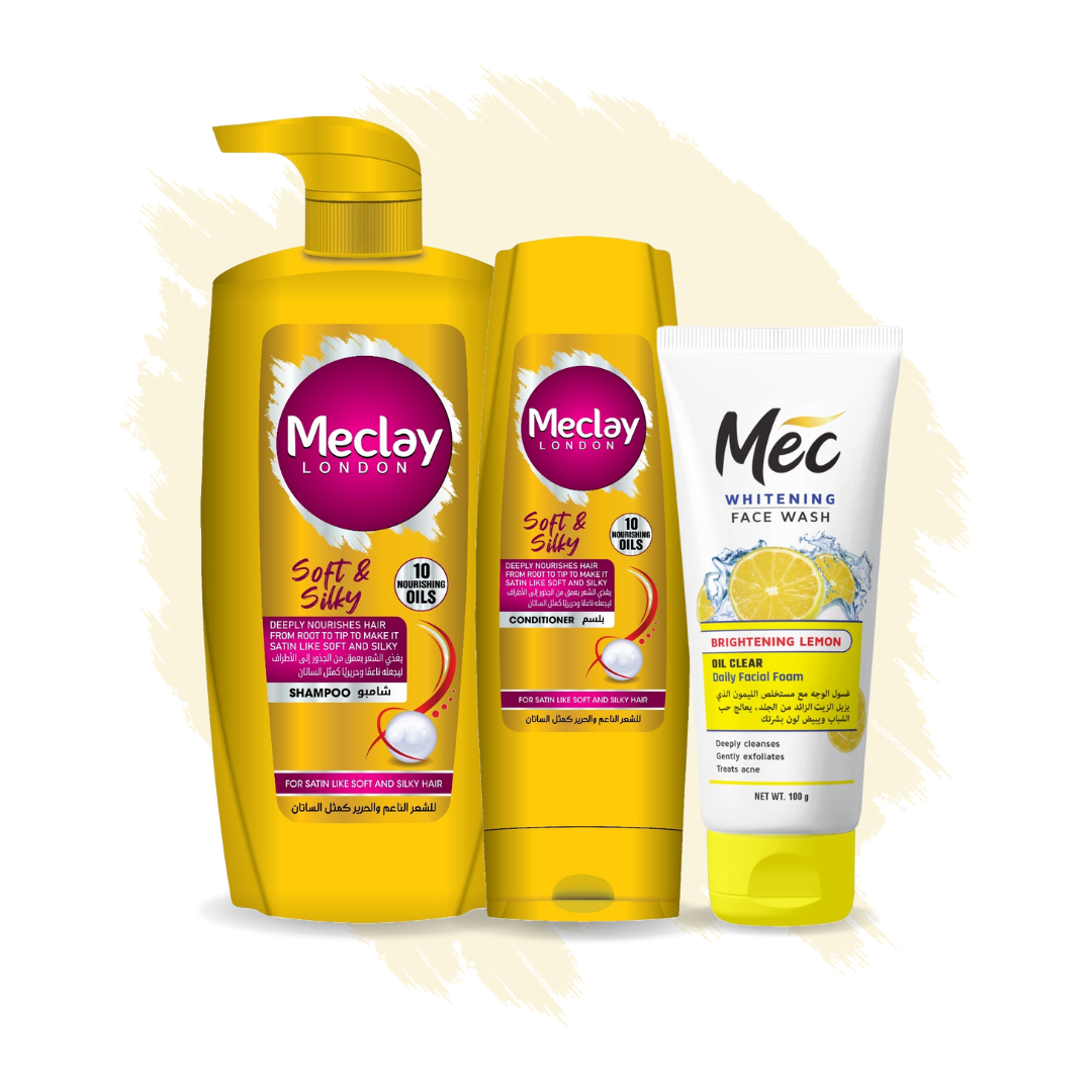 (FREE DELIVERY) Meclay London Soft & Silky Shampoo 660ml With Conditioner 180ml + Mec Brightening Lemon Face Wash Pair Box (Save Rupees 250)