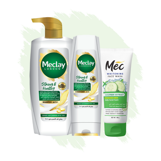 (FREE DELIVERY) Meclay London Strong & Healthy Shampoo 660ml With Conditioner 180ml + Mec Cucumber Extract Face Wash Pair Box (Save Rupees 250)
