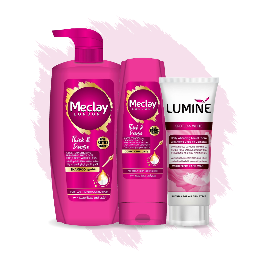 (FREE DELIVERY) Meclay London Thick & Dense Shampoo 660ml With Conditioner 180ml + Lumine Spotless White Face Wash Pair Box (Save Rupees 250)