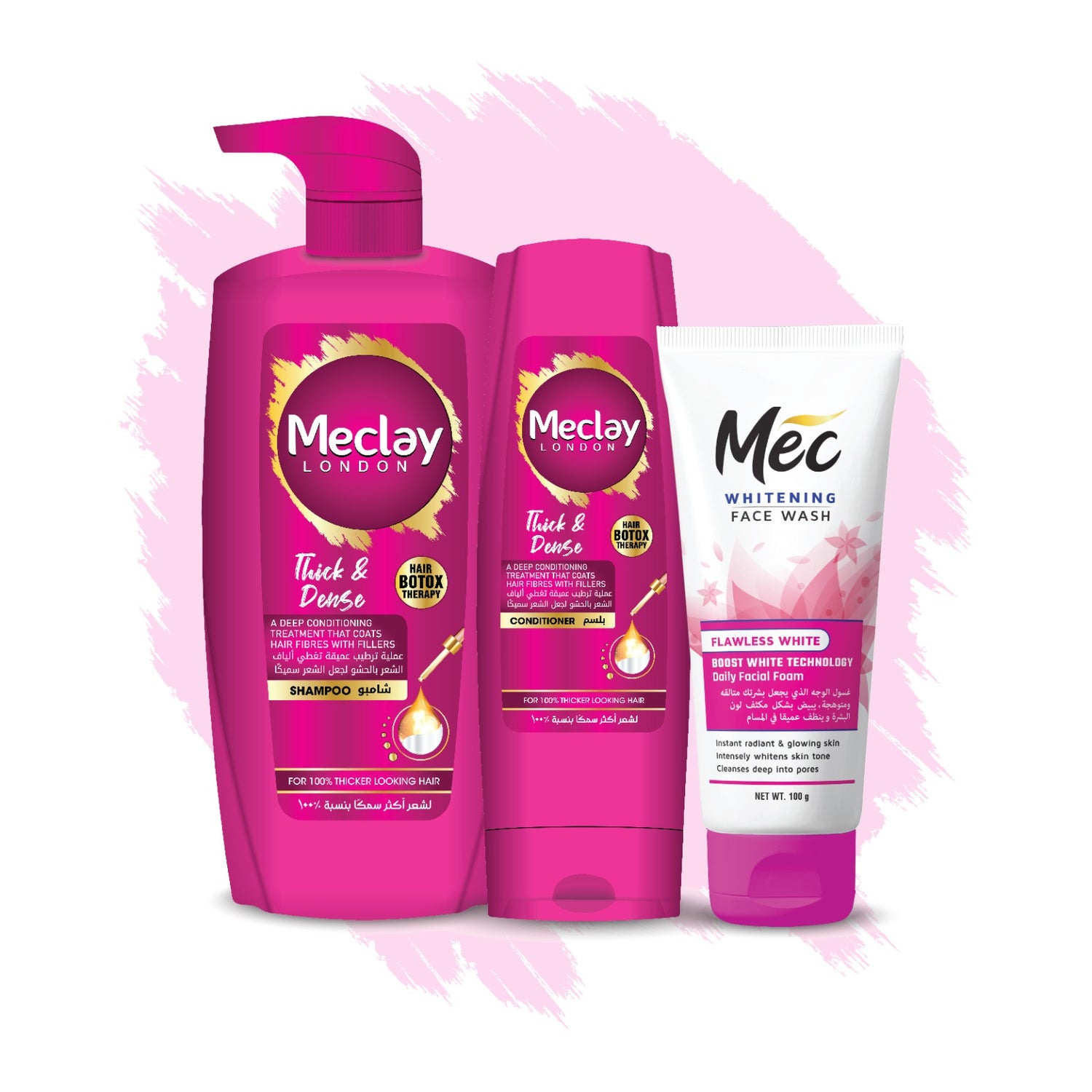 (FREE DELIVERY) Meclay London Thick & Dense Shampoo 660ml With Conditioner 180ml + Mec Flawless White Face Wash Pair Box (Save Rupees 250)