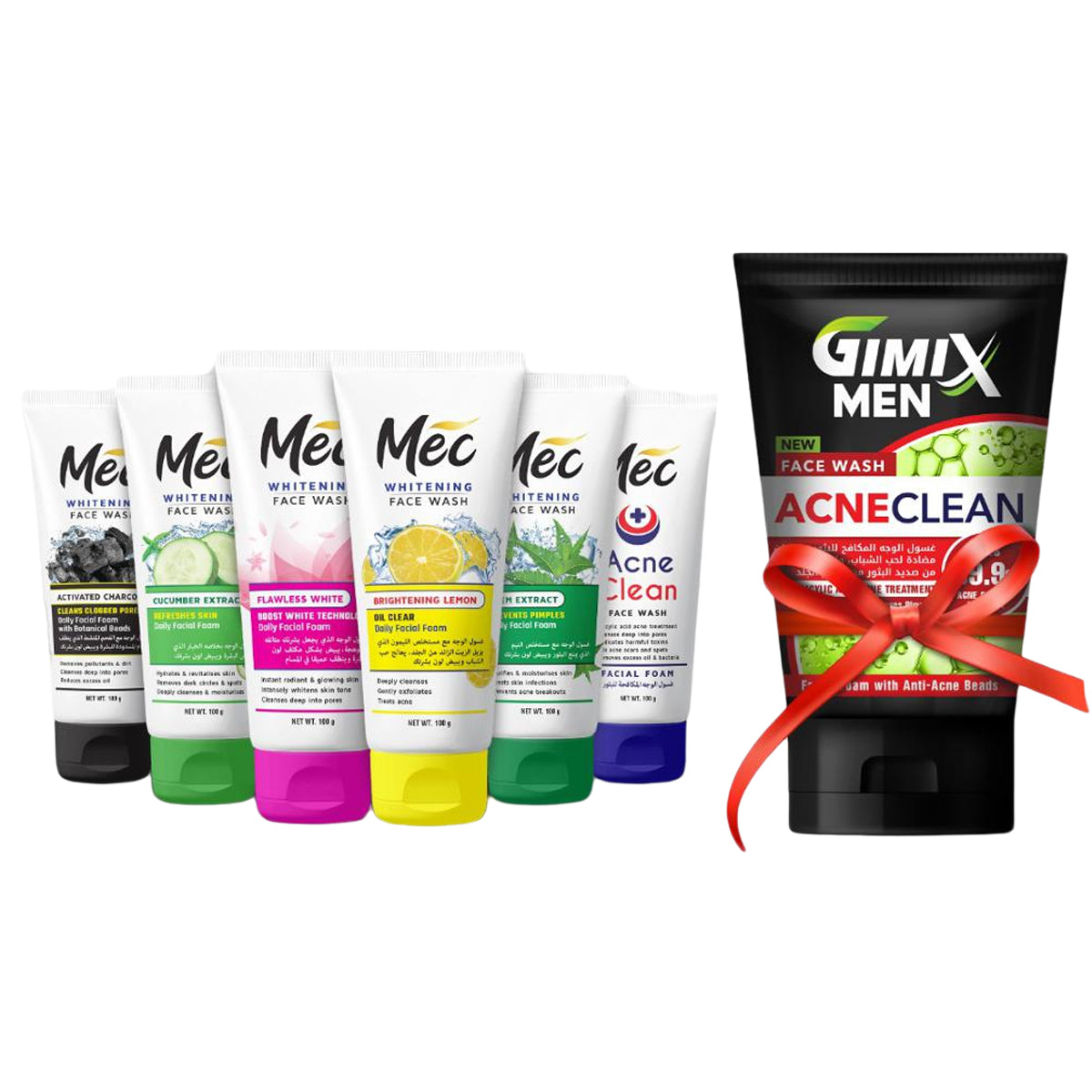 Gimix Men Acne Clean Face Wash 100ml With (Pack Of 6) Mec Activated Charcoal, Cucumber Extract, Flawless White, Brightening Lemon, Neem extract & Acne Clean Face Wash 100gm