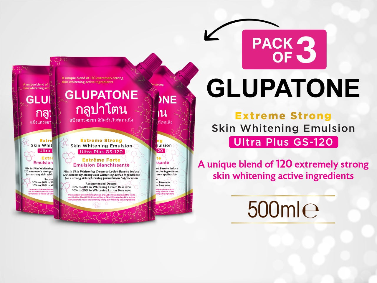 Glupatone Extreme Strong Whitening Emulsion Ultra Plus GS-120 For Face & Body 500ml (Pack Of 3)