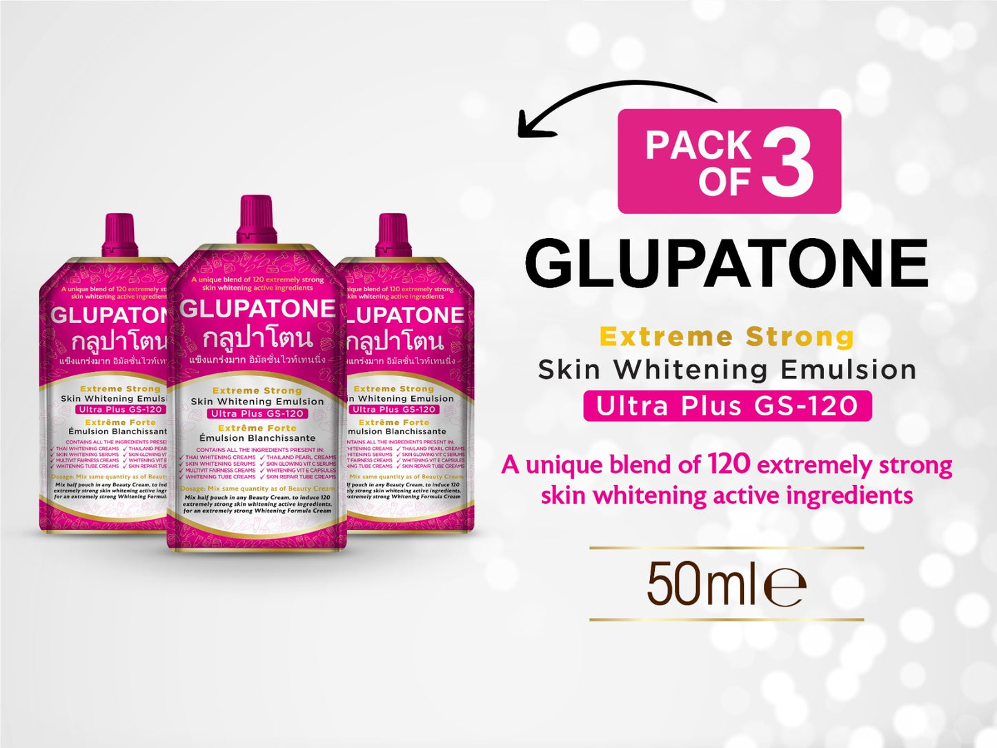 Glupatone Extreme Strong Whitening Emulsion Ultra Plus GS-120 For Face & Body 50ml (Pack Of 3)