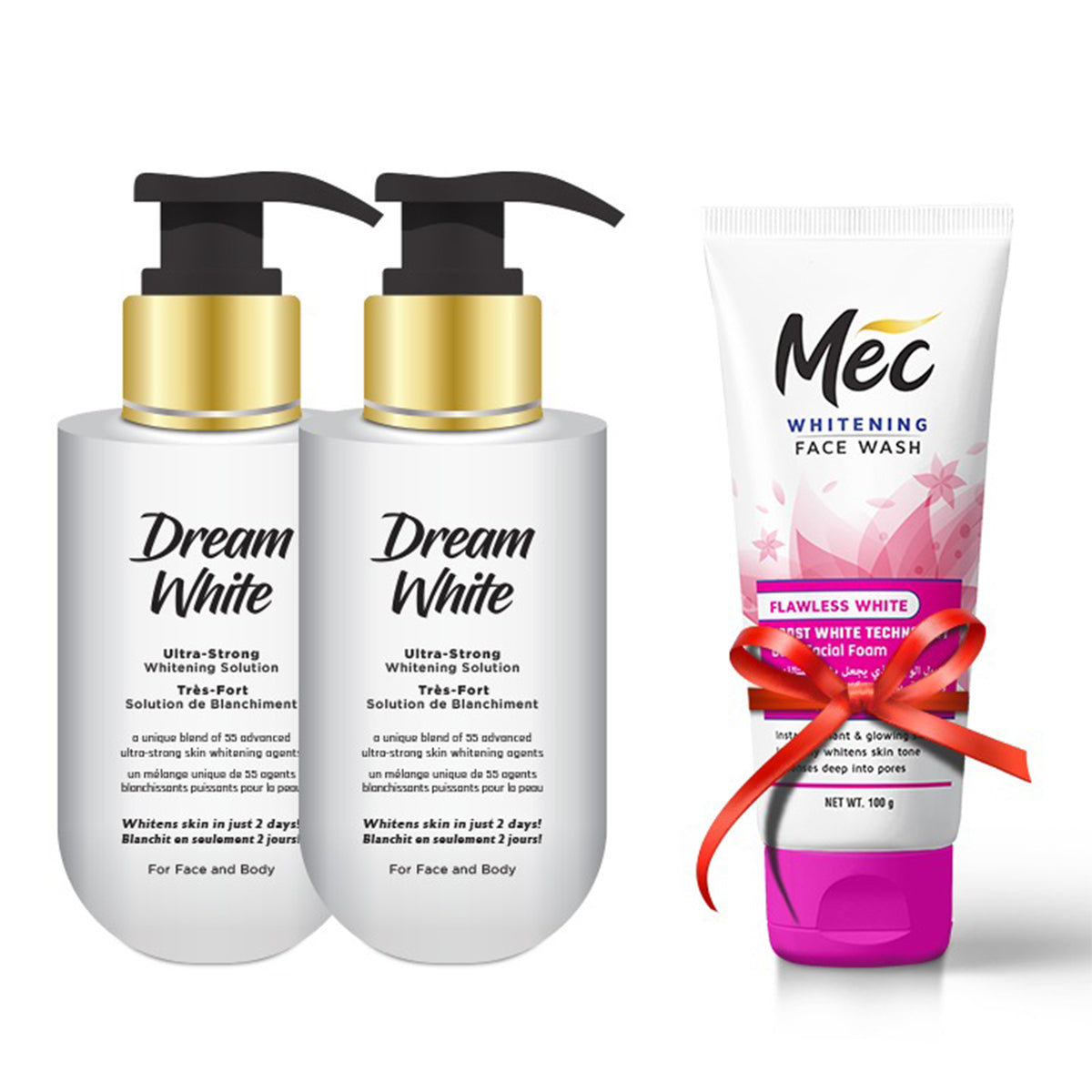 Mec Flawless White Face Wash 100gm With (Pack Of 2) Dream White Ultra-Strong Whitening Solution For Face & Body 100ml