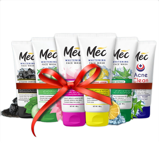 Mec Whitening Activated Charcoal, Cucumber Extract, Flawless White, Brightening Lemon, Neem Extract, & Acne Clean Face Wash 100gm (Pack of 6)