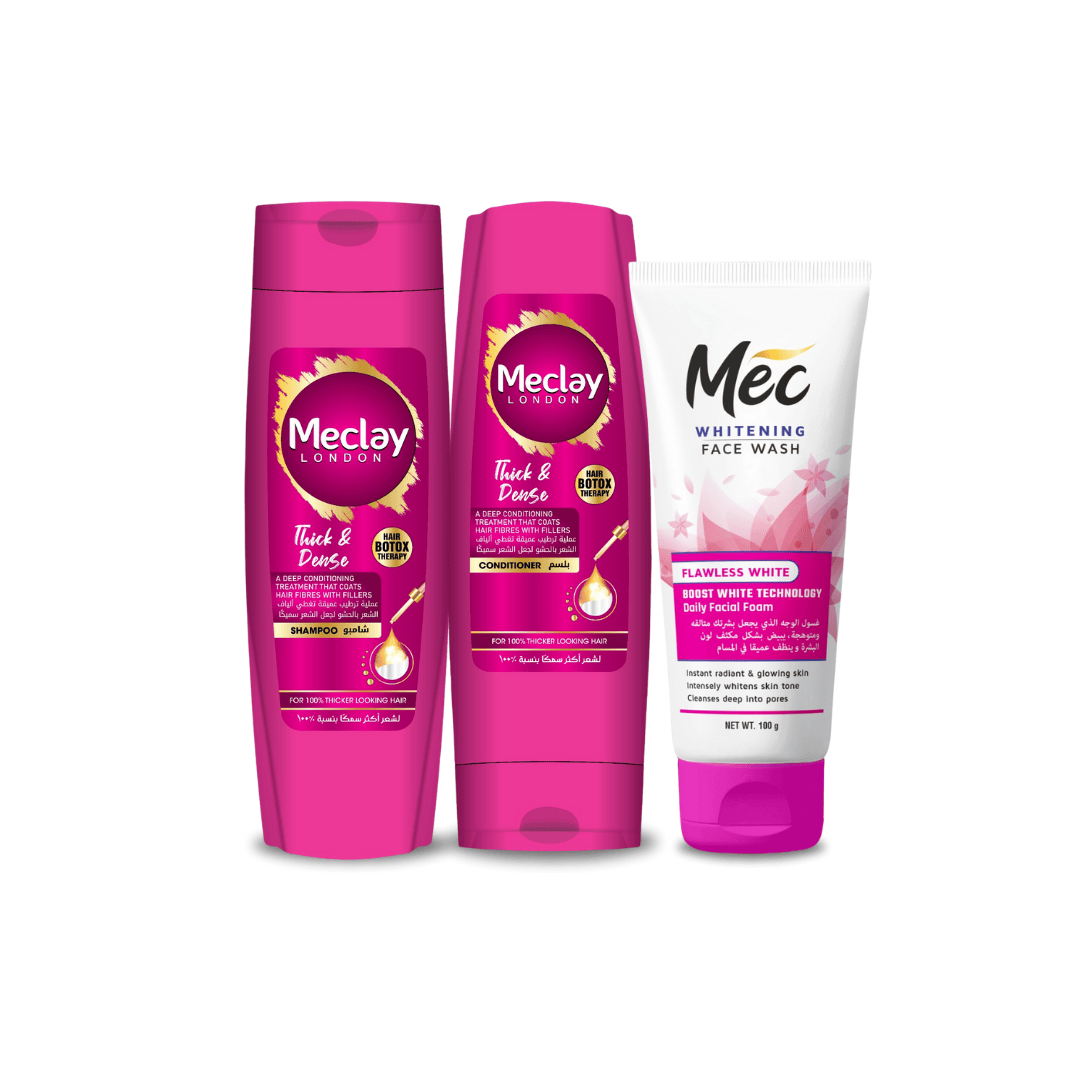Meclay London Thick & Dense Shampoo 185ml With Conditioner 180ml + Mec Flawless White Face Wash Pair Box (Save Rupees 200)