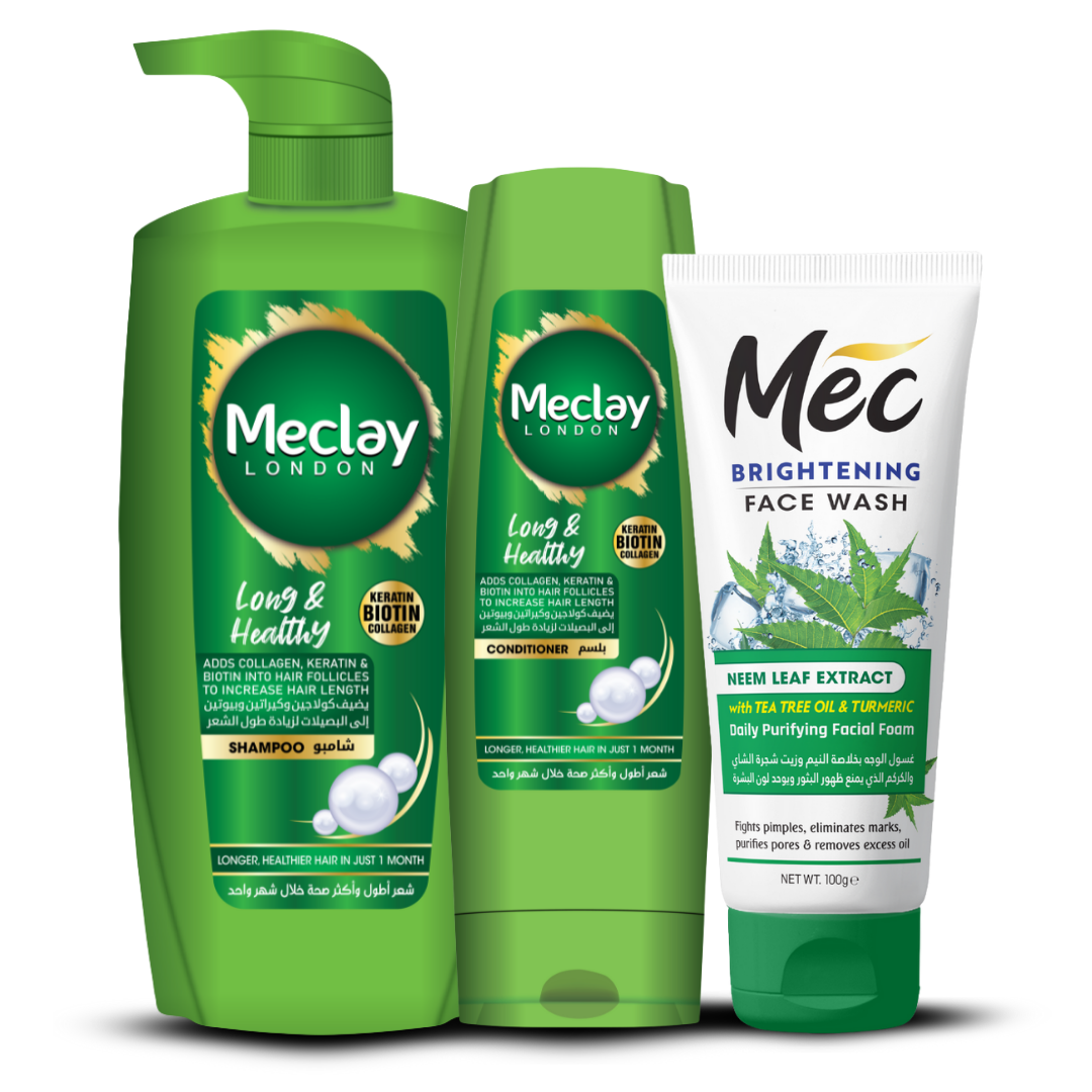 (FREE DELIVERY) Meclay London Long & Healthy Shampoo 660ml With Conditioner 180ml + Mec Neem Extract Face Wash Pair Box (Save Rupees 250)