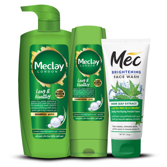(FREE DELIVERY) Meclay London Long & Healthy Shampoo 660ml With Conditioner 180ml + Mec Neem Extract Face Wash Pair Box (Save Rupees 250)