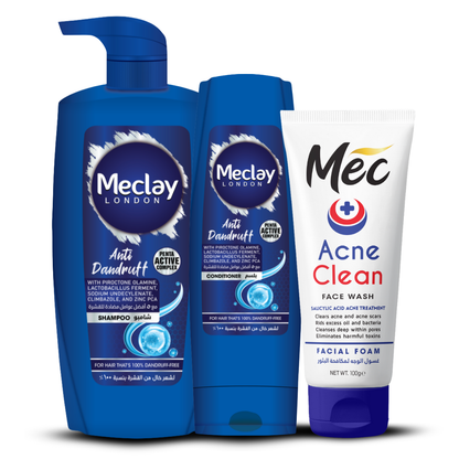 (FREE DELIVERY) Meclay London Anti Dandruff Shampoo 660ml With Conditioner 180ml + Mec Acne Clean Face Wash Pair Box (Save Rupees 250)