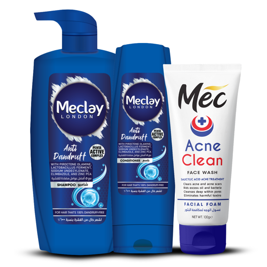 (FREE DELIVERY) Meclay London Anti Dandruff Shampoo 660ml With Conditioner 180ml + Mec Acne Clean Face Wash Pair Box (Save Rupees 250)