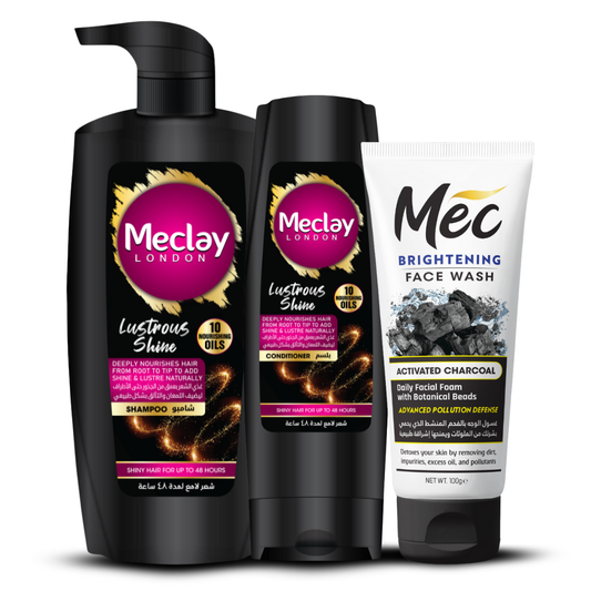 (FREE DELIVERY) Meclay London Lustrous Shine Shampoo 660ml With Conditioner 180ml + Mec Activated Charcoal Face Wash Pair Box (Save Rupees 250)
