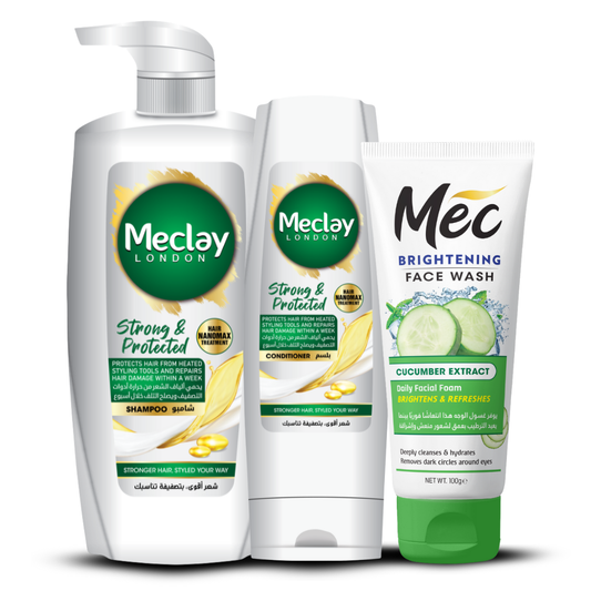 (FREE DELIVERY) Meclay London Strong & Healthy Shampoo 660ml With Conditioner 180ml + Mec Cucumber Extract Face Wash Pair Box (Save Rupees 250)
