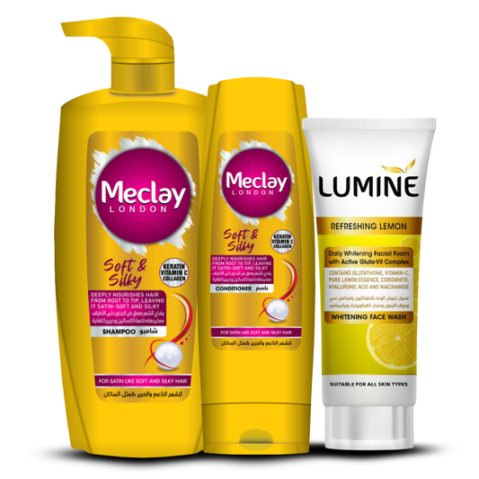 (FREE DELIVERY) Meclay London Soft & Silky Shampoo 660ml With Conditioner 180ml + Lumine Refreshing Lemon Face Wash Pair Box (Save Rupees 250)