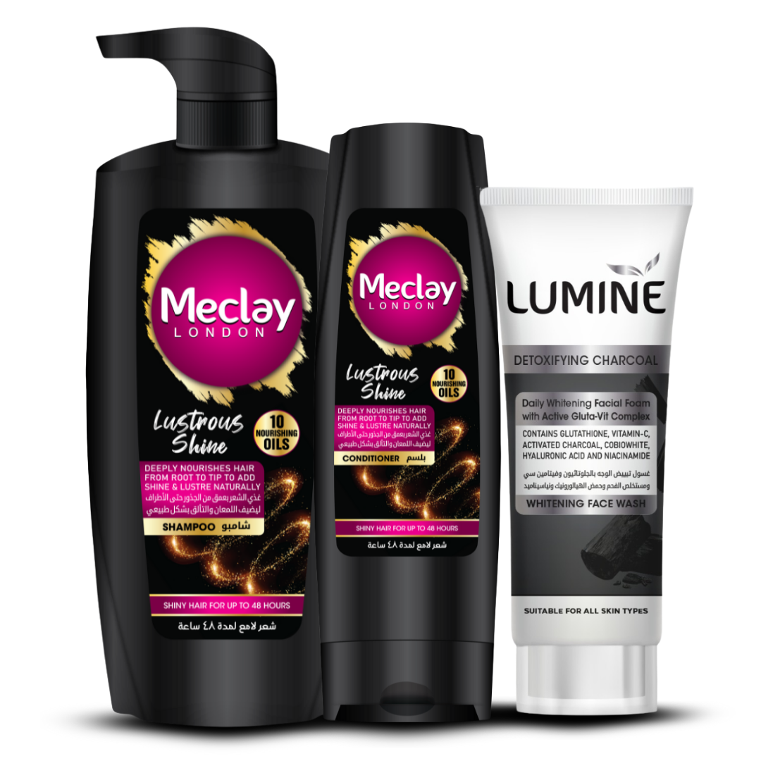 (FREE DELIVERY) Meclay London Lustrous Shine Shampoo 660ml With Conditioner 180ml + Lumine Detoxifying Charcoal Face Wash Pair Box (Save Rupees 250)