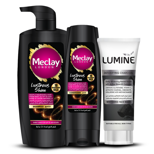 (FREE DELIVERY) Meclay London Lustrous Shine Shampoo 660ml With Conditioner 180ml + Lumine Detoxifying Charcoal Face Wash Pair Box (Save Rupees 250)