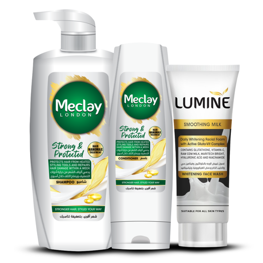 (FREE DELIVERY) Meclay London Strong & Healthy Shampoo 660ml With Conditioner 180ml + Lumine Smoothing Milk Face Wash Pair Box (Save Rupees 250)