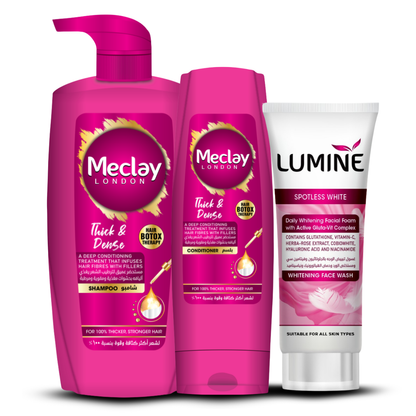 (FREE DELIVERY) Meclay London Thick & Dense Shampoo 660ml With Conditioner 180ml + Lumine Spotless White Face Wash Pair Box (Save Rupees 250)