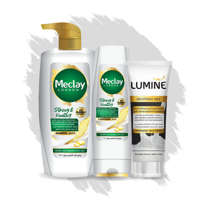 (FREE DELIVERY) Meclay London Strong & Healthy Shampoo 660ml With Conditioner 180ml + Lumine Smoothing Milk Face Wash Pair Box (Save Rupees 250)