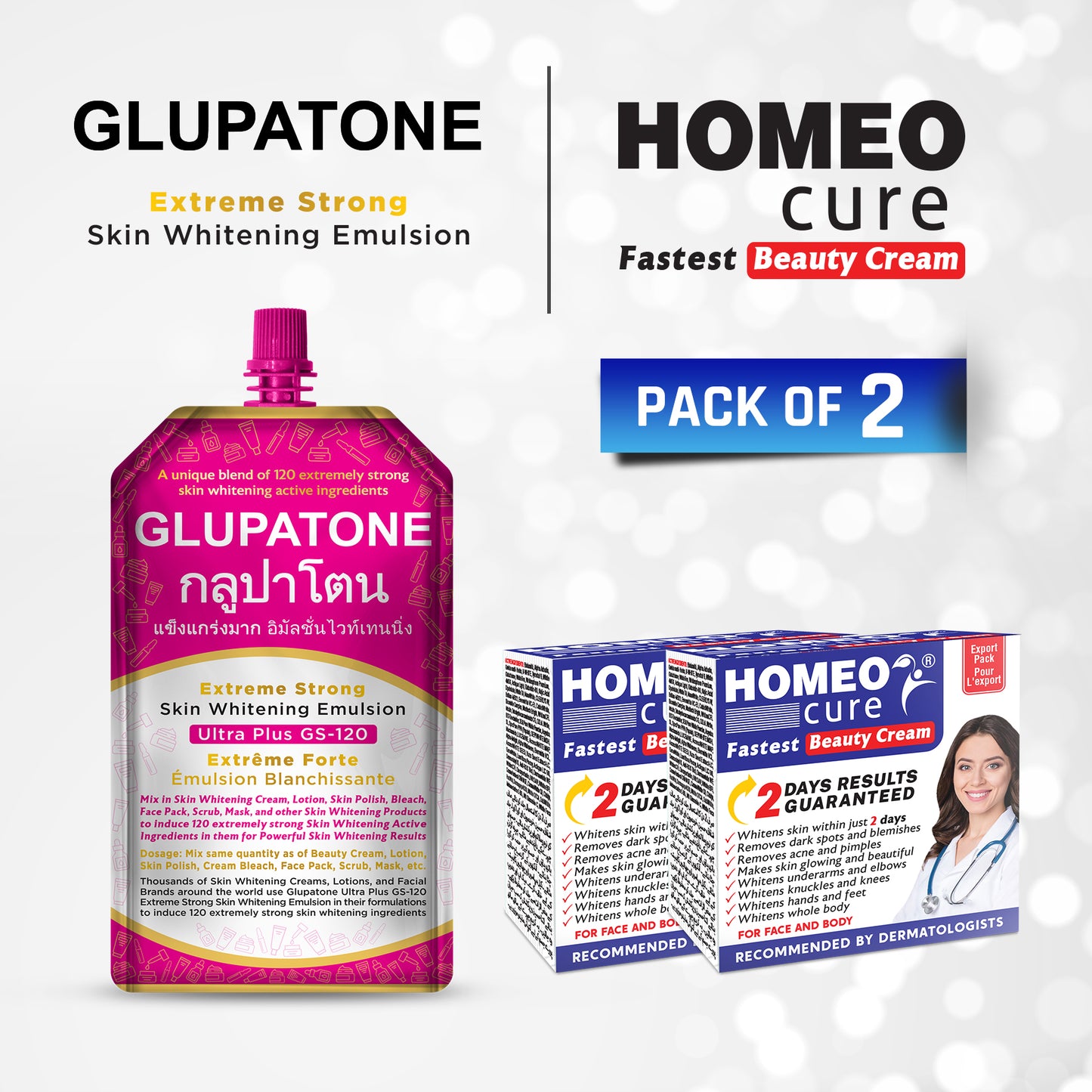 Glupatone Extreme Strong Emulsion 50ml With Homeo Cure Beauty Cream (Pack Of 2)